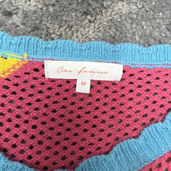 Ces Femme Crop Top Open Knit Oversized Cap Sleeve Sweater Size Medium - Picture 3 of 6